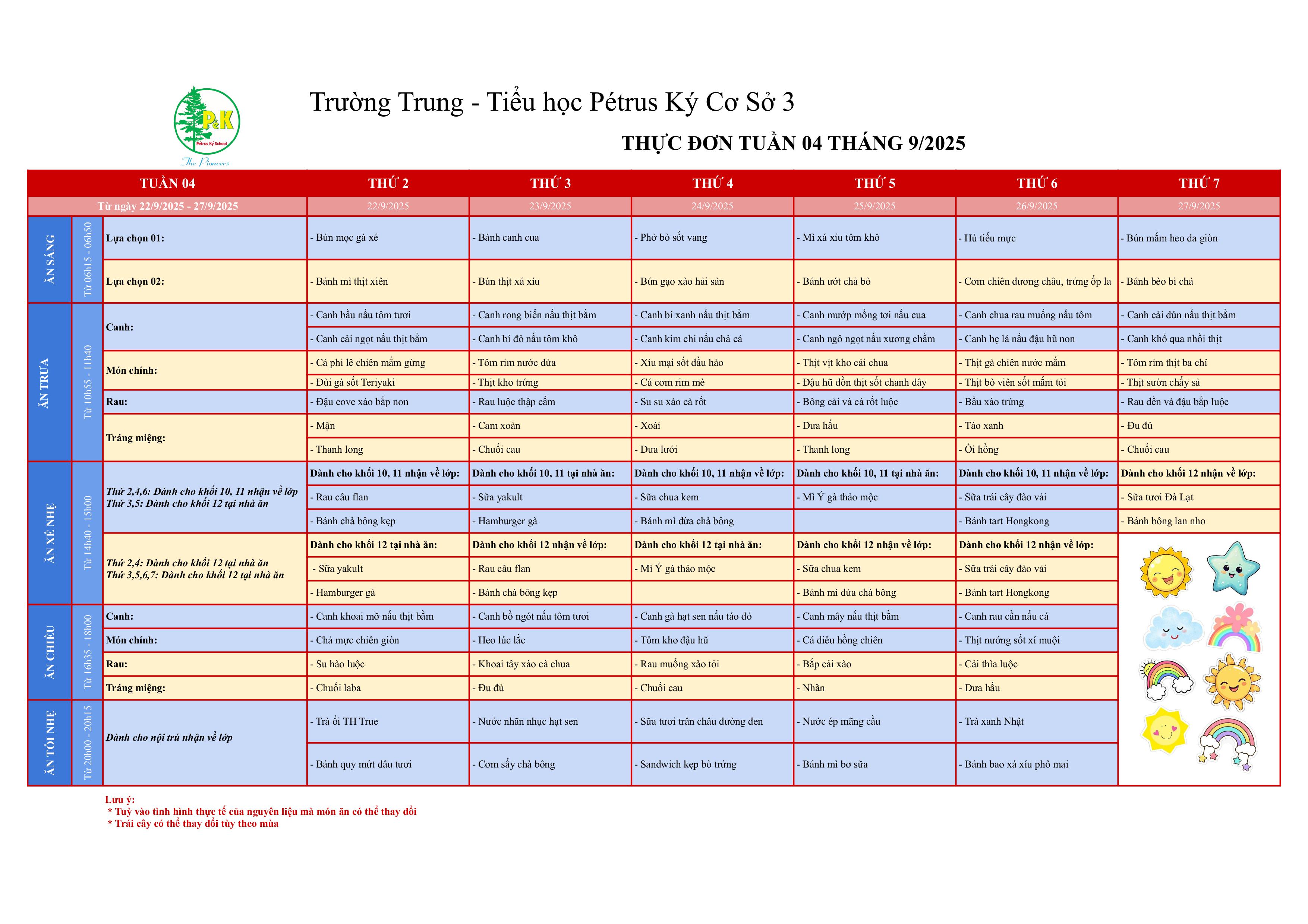 Thực đơn THPT | Từ 22/9 đến 27/9/2025